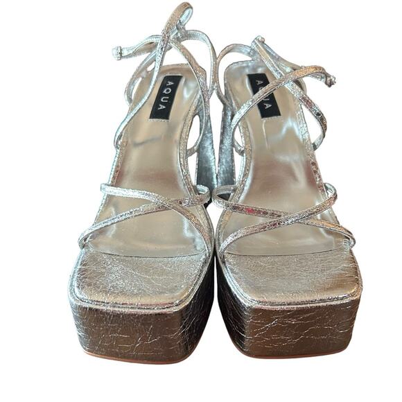 Aqua Chanc Metallic Silver High Heel Platform Sandals Square Toe Strappy NEW 8.5 - Picture 4 of 10